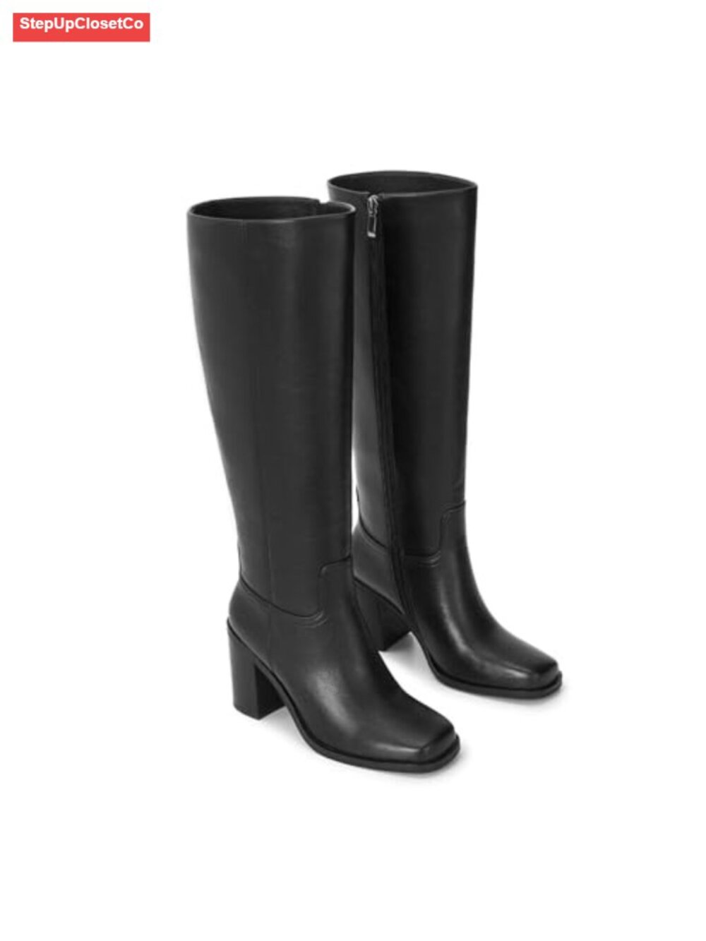Faux Leather Knee High Boots, Square Toe, Block Heel, Side Zip, Fits Fuller